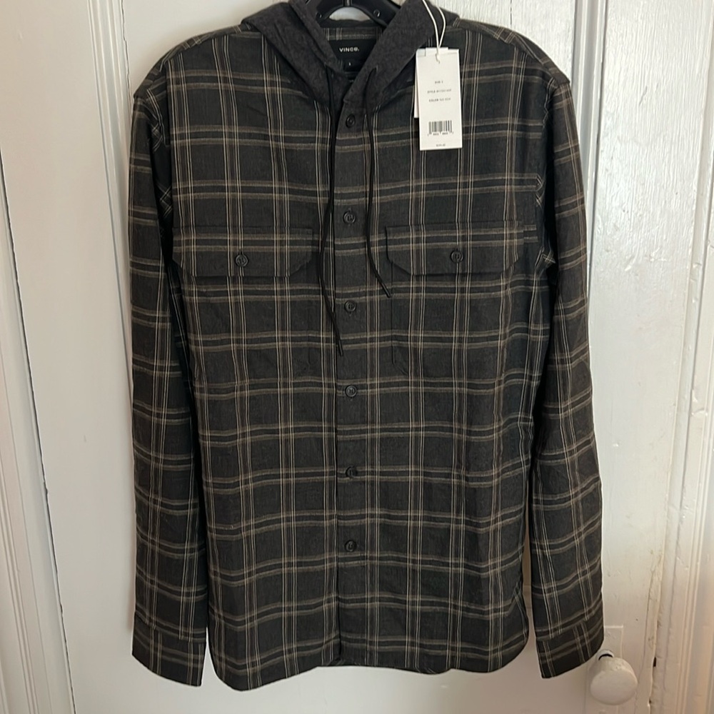 Vince NWT Redwood Plaid Hooded Long Sleeve, size Small